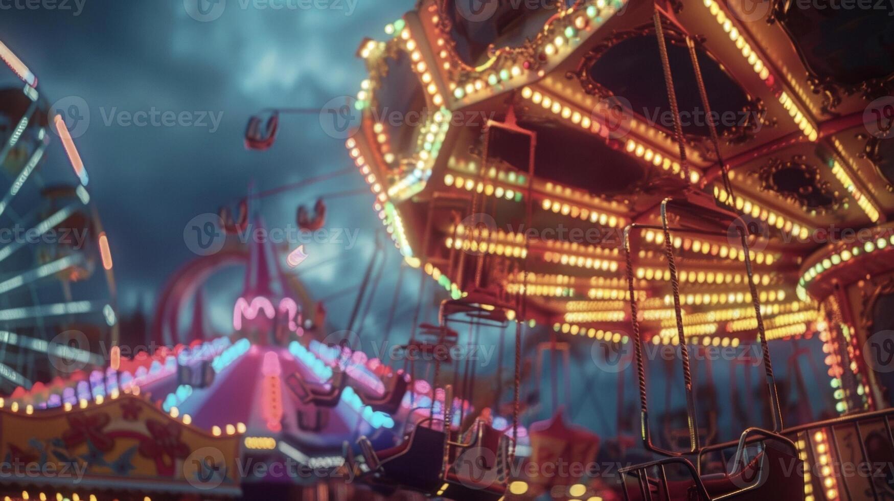 A lively carnival with rides and games all lit up by bright flashing lights against a dark sky photo