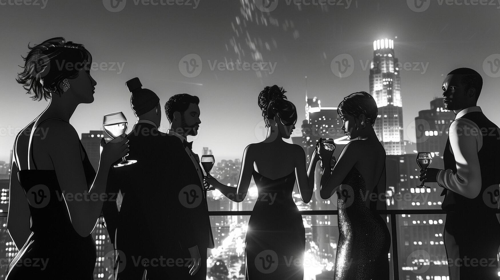 A group of stylish friends enjoying a rooftop cocktail party all dressed in varying shades of black and white creating a striking visual impact against the city skyline photo