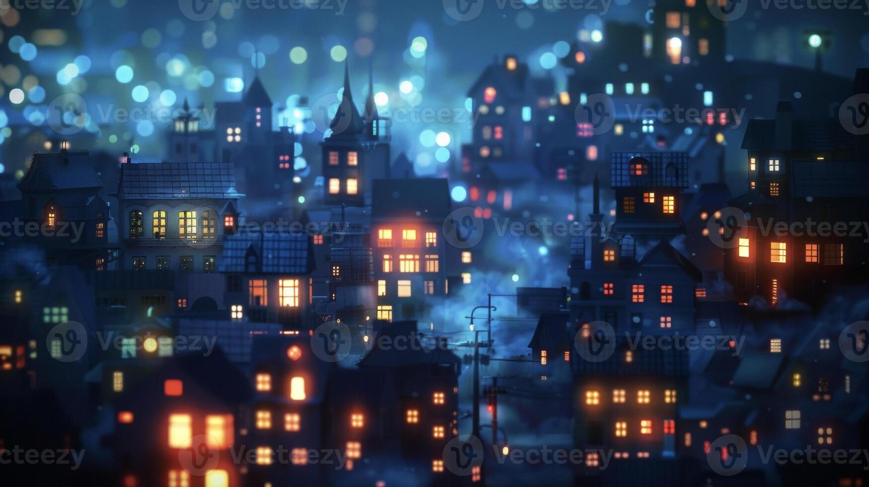 The contrast between the dark quiet streets of a quaint nighttime village and the neon glow of a modern city skyline is captured in this photo
