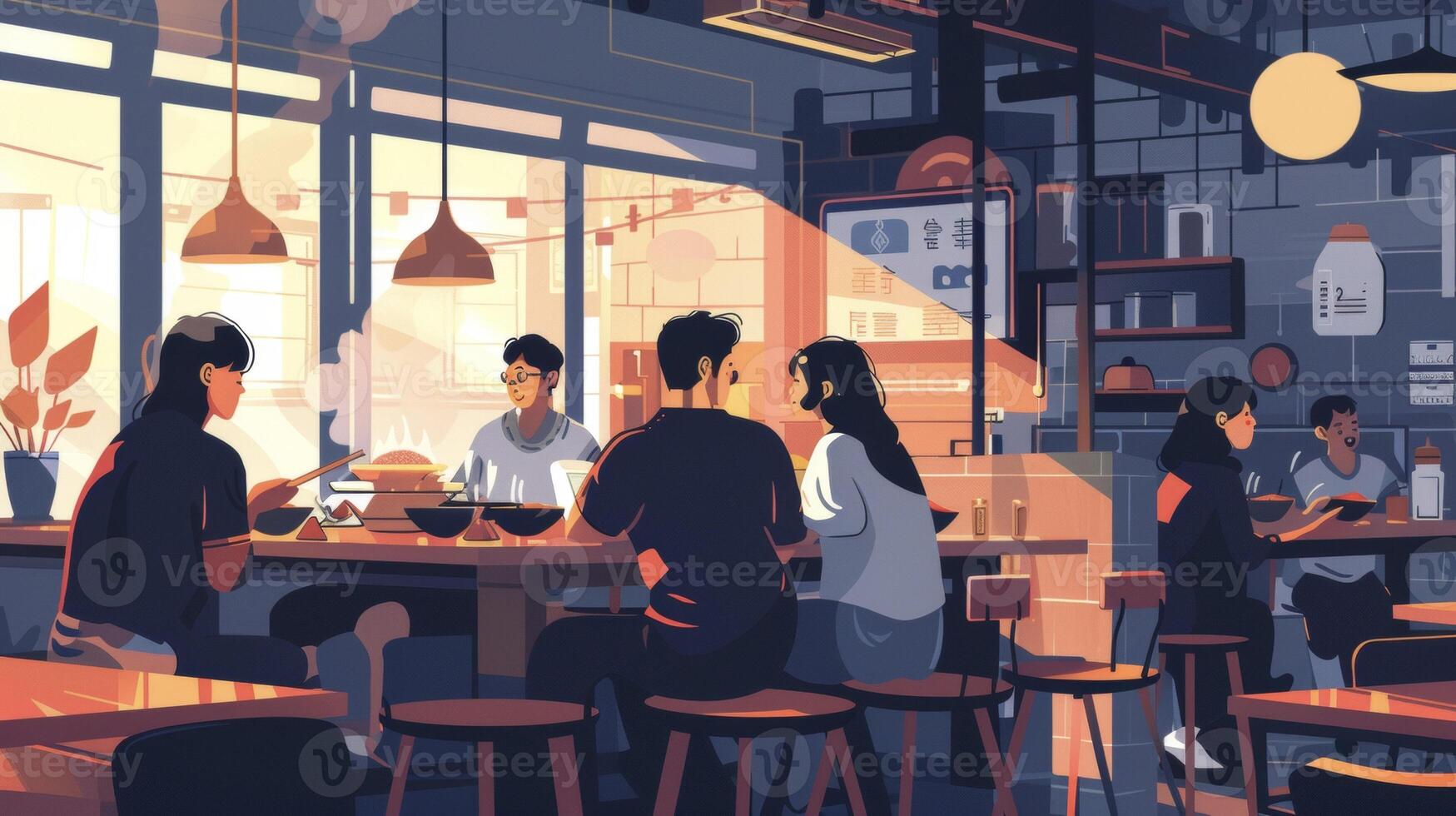 Families sitting at communal tables enjoying hot bowls of steaming noodles and engaging in lively conversation with their loved ones photo