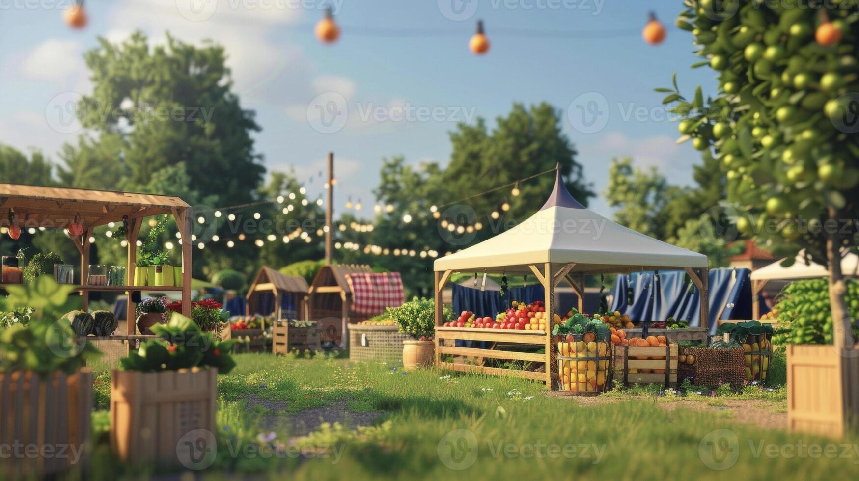The city park transforms into a lively farmers market on the weekend. Local farmers proudly display their harvest from vibrant arrays of fruits and vegetables to jars of homemad photo