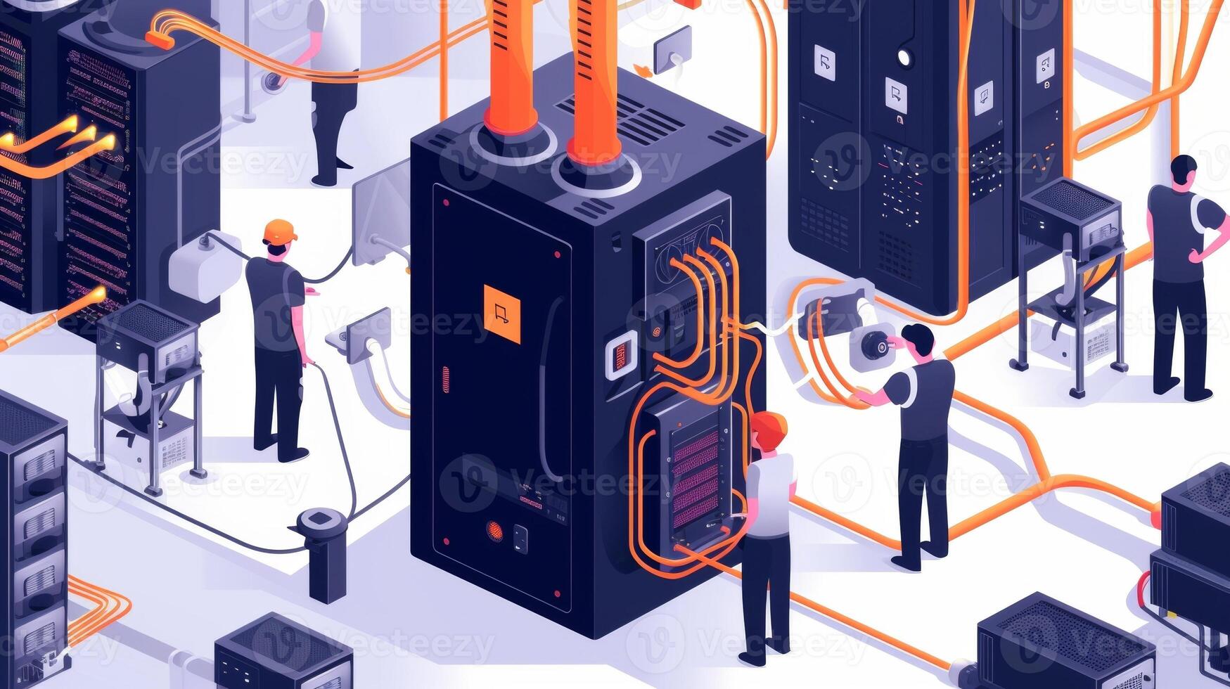 A group of engineers carefully inspecting a compact edge computing device at a production facility. The sleek black machine is surrounded by cables and wiring showcasing it photo