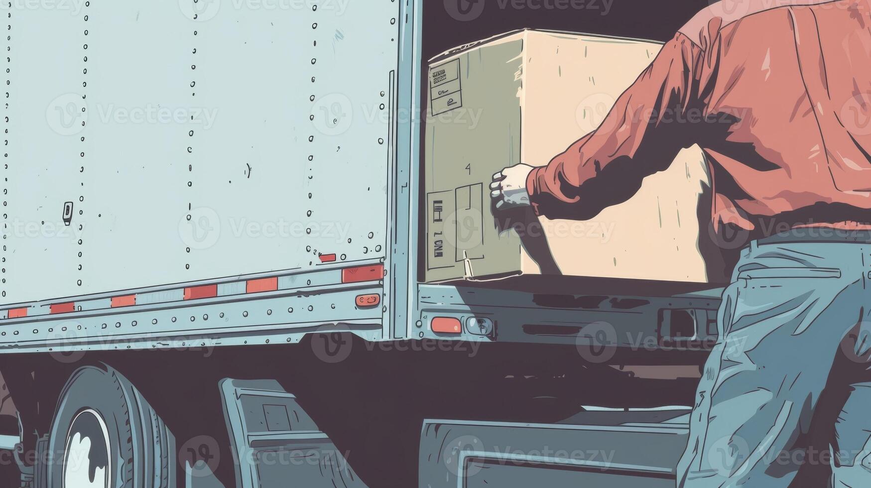 A closeup image of a truck driver loading products onto a trailer with a sign on the side of the truck reading Transporting goods from local suppliers. The caption reads Reshorin photo
