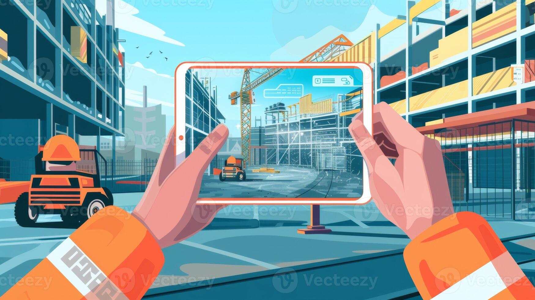 A workers hand holding a tablet with an augmented reality app displaying realtime safety updates and notifications for potential hazards in the area photo