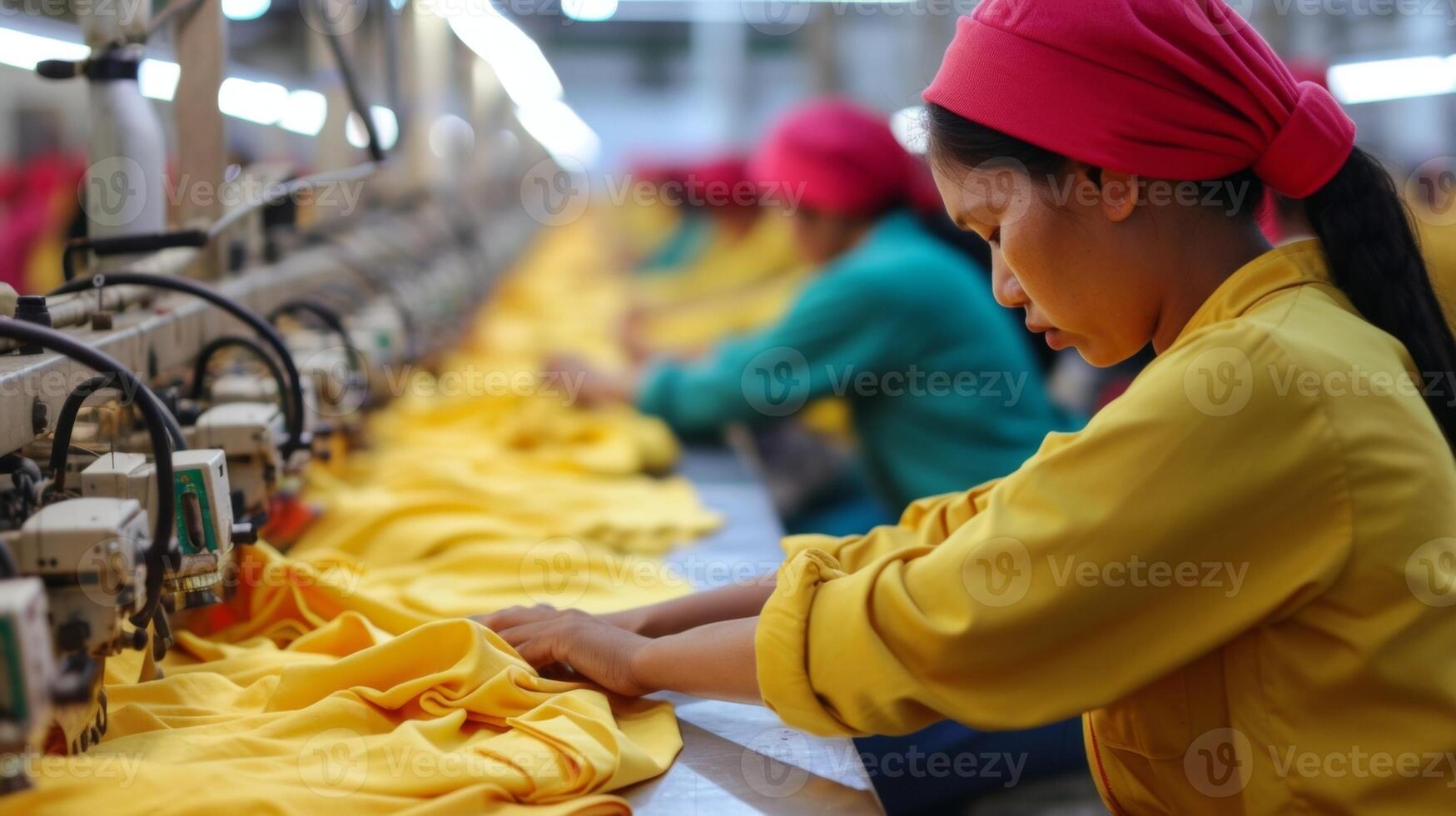 A group of workers in a reshored textile plant manually stitching and finishing garments. This image symbolizes the return of jobs to the local workforce providing employmen photo