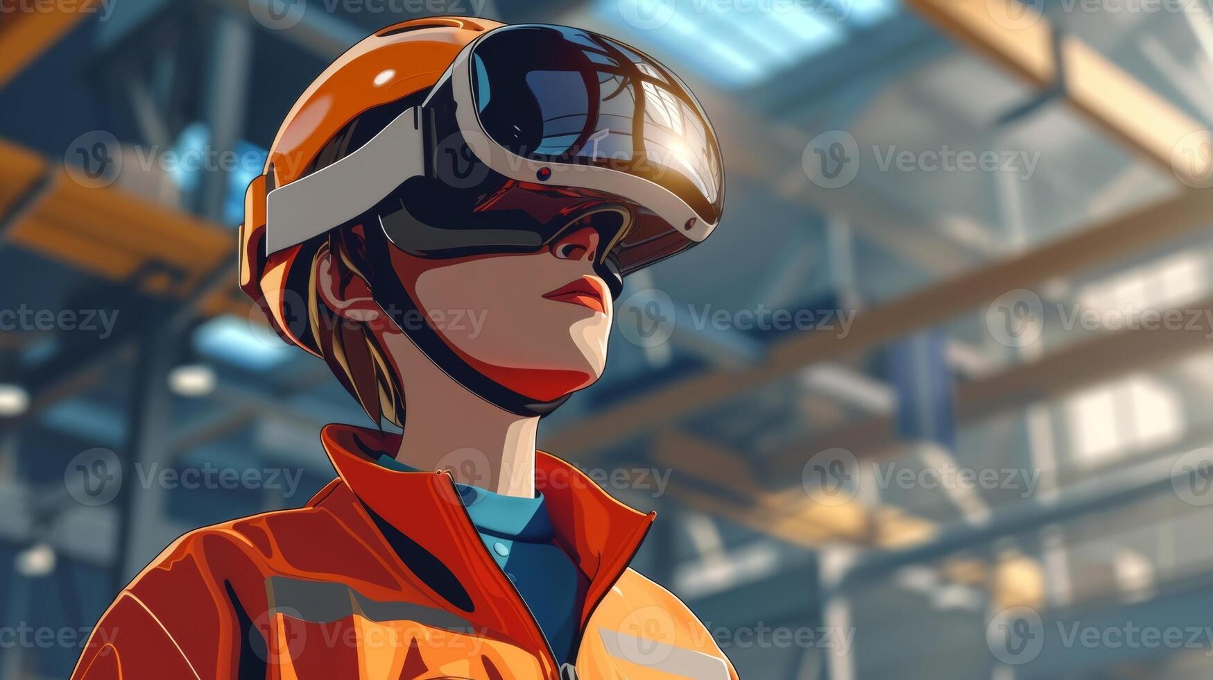 A closeup of a young apprentice wearing a virtual reality headset fully immersed in a simulation that mimics the realworld tasks of their job. This image showcases the incorporatio photo