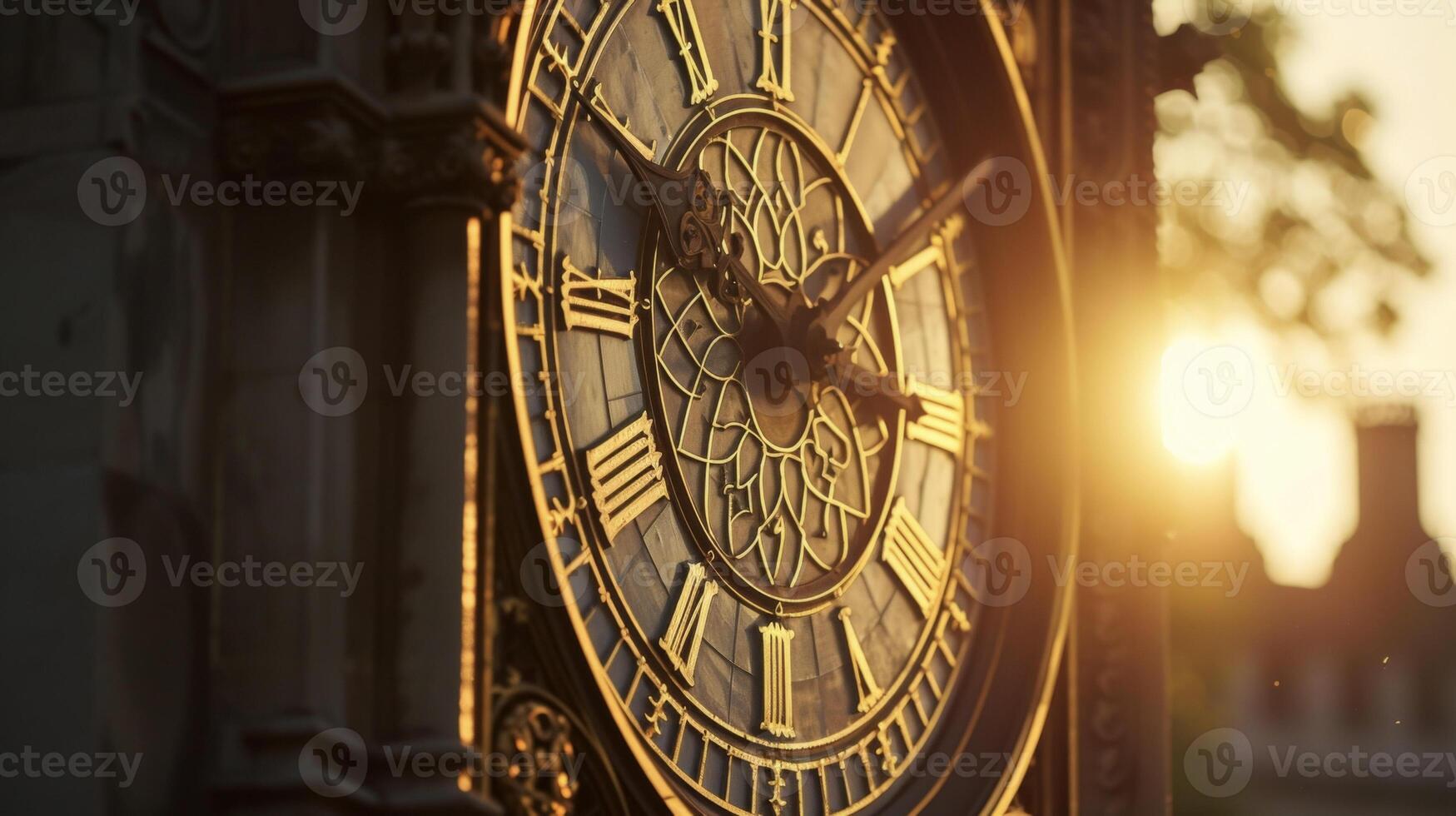 A timeless clocktower its face illuminated by the setting sun photo