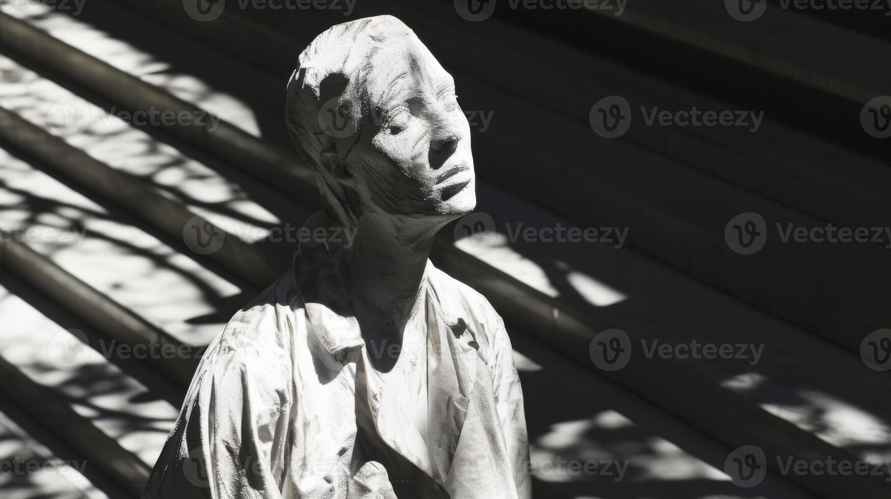 A street performer dressed as a living statue his stillness highlighted by the long shadows around him photo