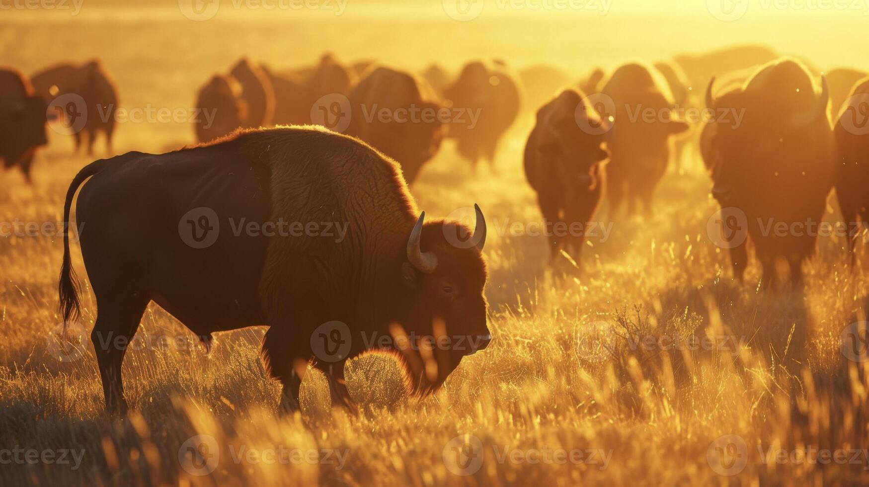 A herd of buffalo graze in the golden light of dawn their mive forms casting shadows against the ground photo