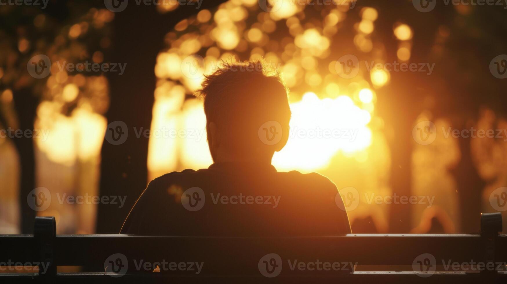The silhouette of a man sitting on a park bench lost in thought as the sun sets behind him photo