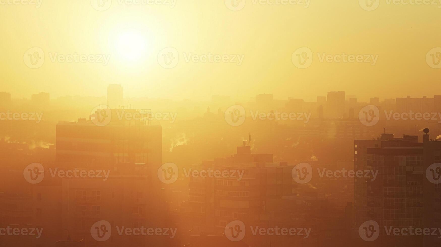 The warm glow of a sunrise casting a dreamy haze over the urban landscape photo