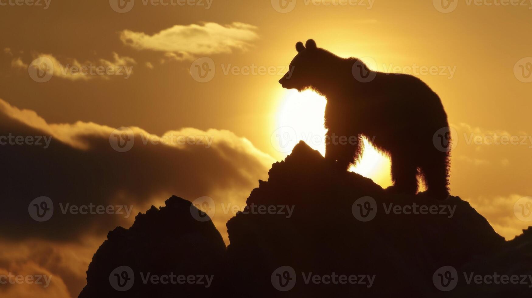 The silhouette of a lone bear standing atop a rocky mountain peak with the sun setting behind it in a breathtaking display photo