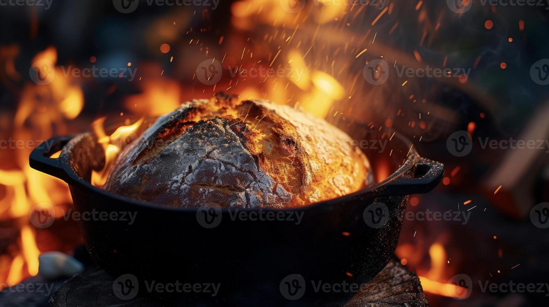 A golden brown loaf of freshly baked bread emerges from the depths of a crackling fire in a clic Dutch oven making for the perfect campfire treat photo