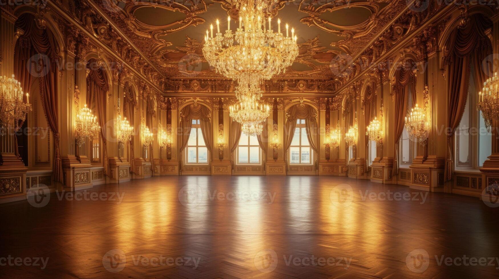 Background The grand ballroom of a palace decorated with ornate dries and shining crystal chandeliers adds to the opulence of this modern royal look photo