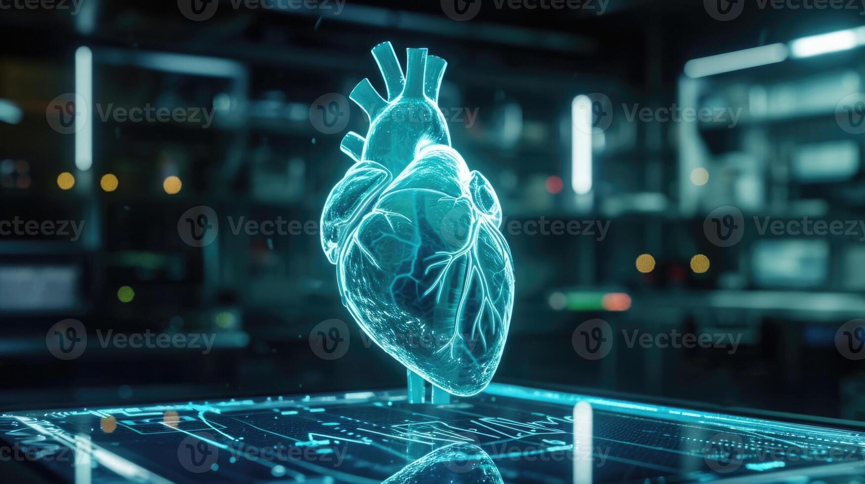 In a biology cl a hologram of a human heart is connected to IoT sensors that monitor its beating and display realtime data providin photo