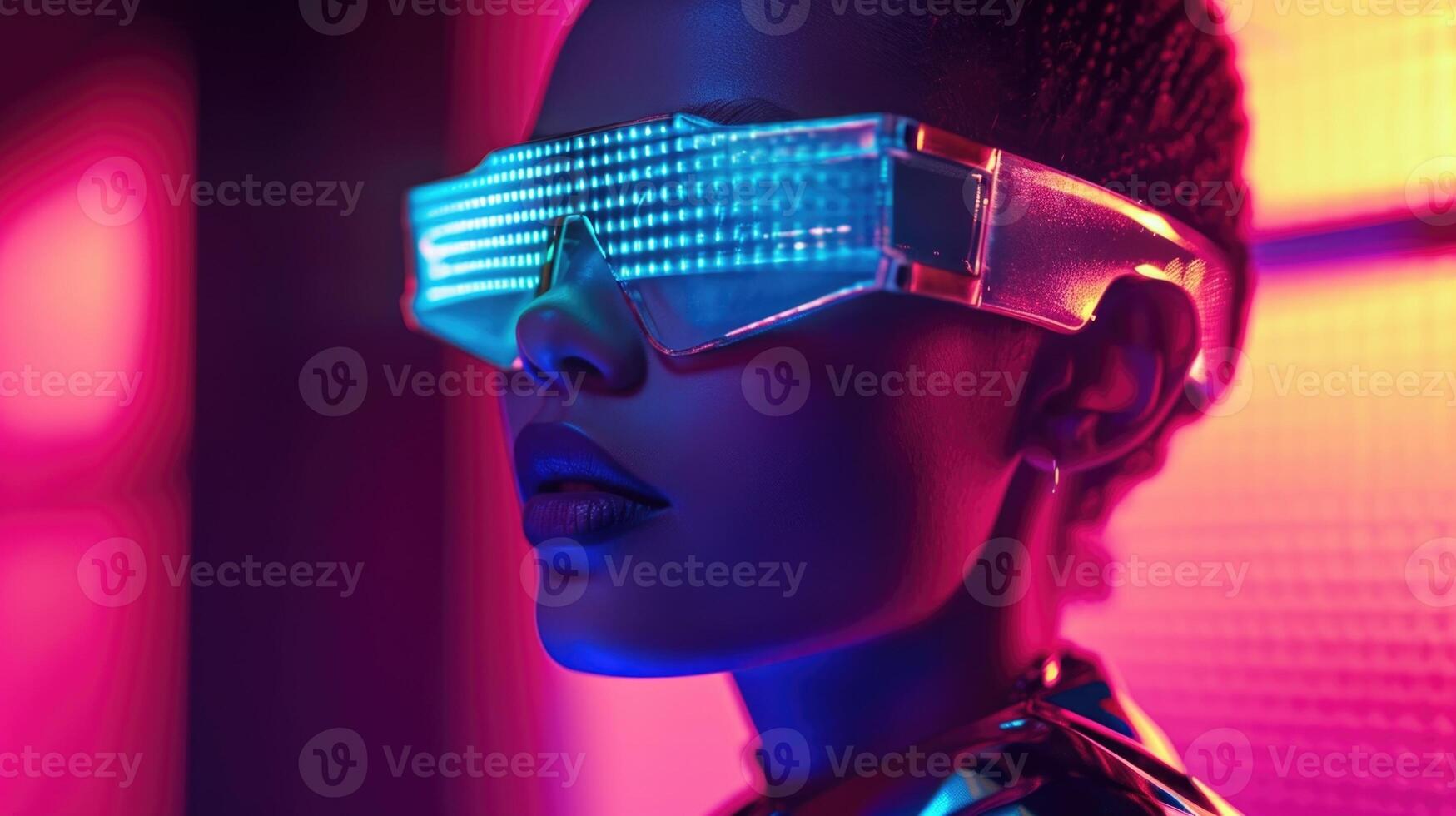 A futuristic holographic image of a model wearing a pair of smart gles that not only display notifications and messages but also adjus photo