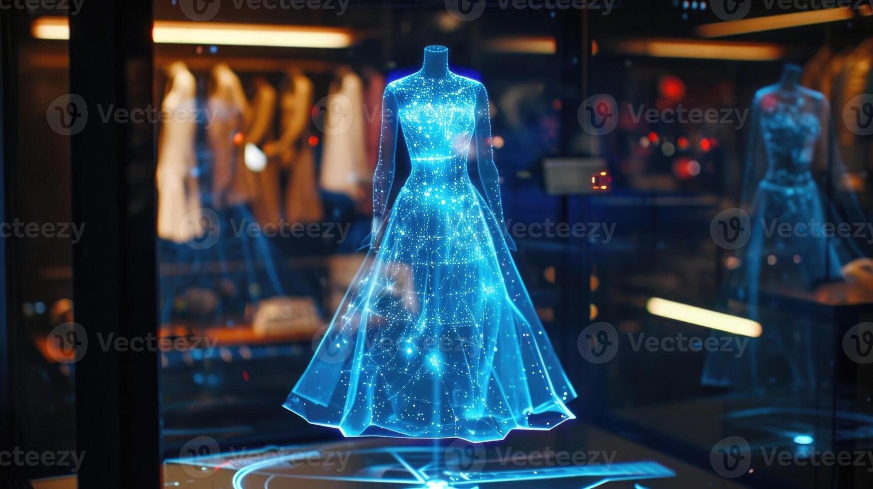 A hologram of a model showcasing a dress with embedded sensors that detect posture and provide feedback for better alignment photo