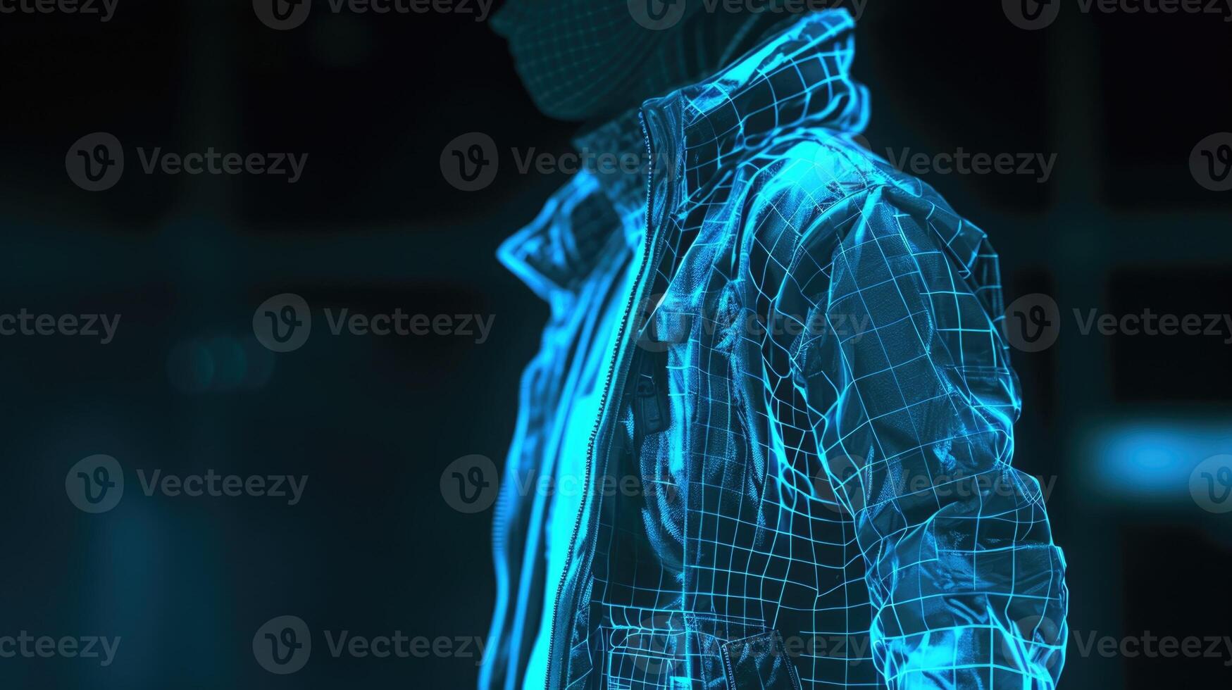 A hologram of a model wearing a jacket with embedded NFC technology allowing for contactless payments and easy access to events photo