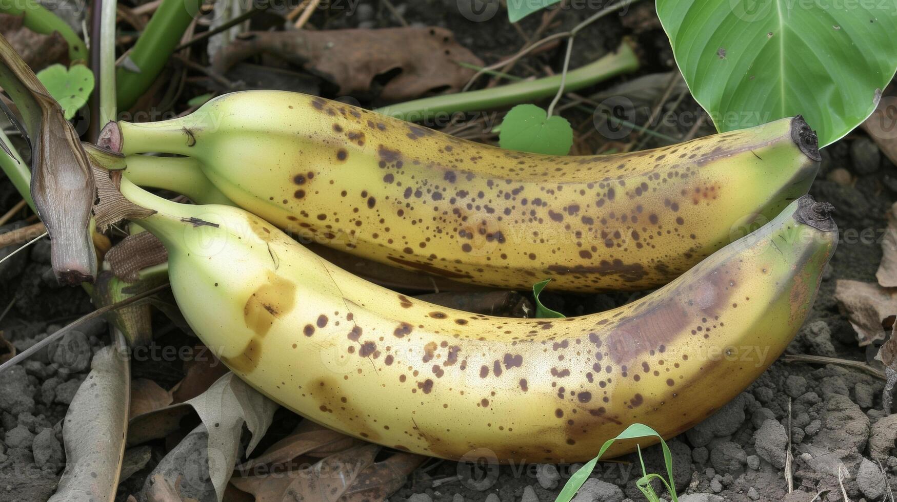 The banana continues to grow and mature with the skin gradually changing from green to a pale yellow color. Small brown speckles also begin to appear on the surface photo