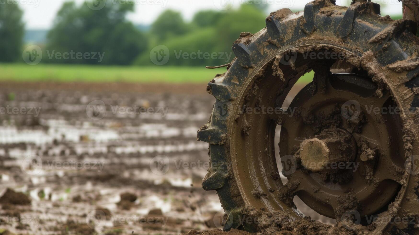 A muddy metal tractor wheel adorned with deep treads and caked with clumps of wet dirt from the fields photo