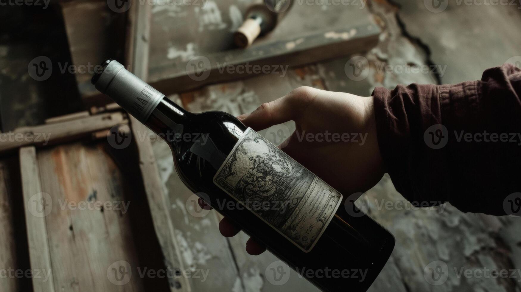 A hand reaching for a beautifully designed wine bottle label highlighting the exceptional quality and unique characteristics of the vintage photo