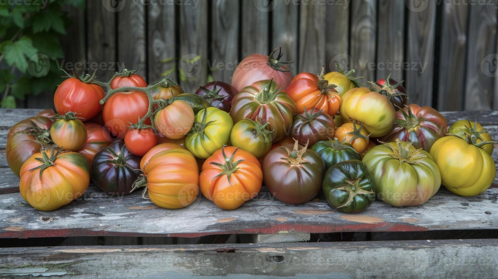 A medley of multicolored heirloom tomatoes are piled high on a weathered wooden table each one unique in its size shape and pattern fresh from the local farm and ready t photo