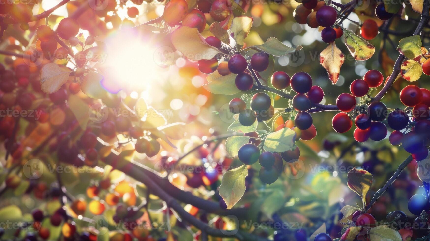 Sunlit branches of a tree heavily laden with ripe fruits in a rainbow of vibrant colors including shades of crimson lime green and deep purple photo