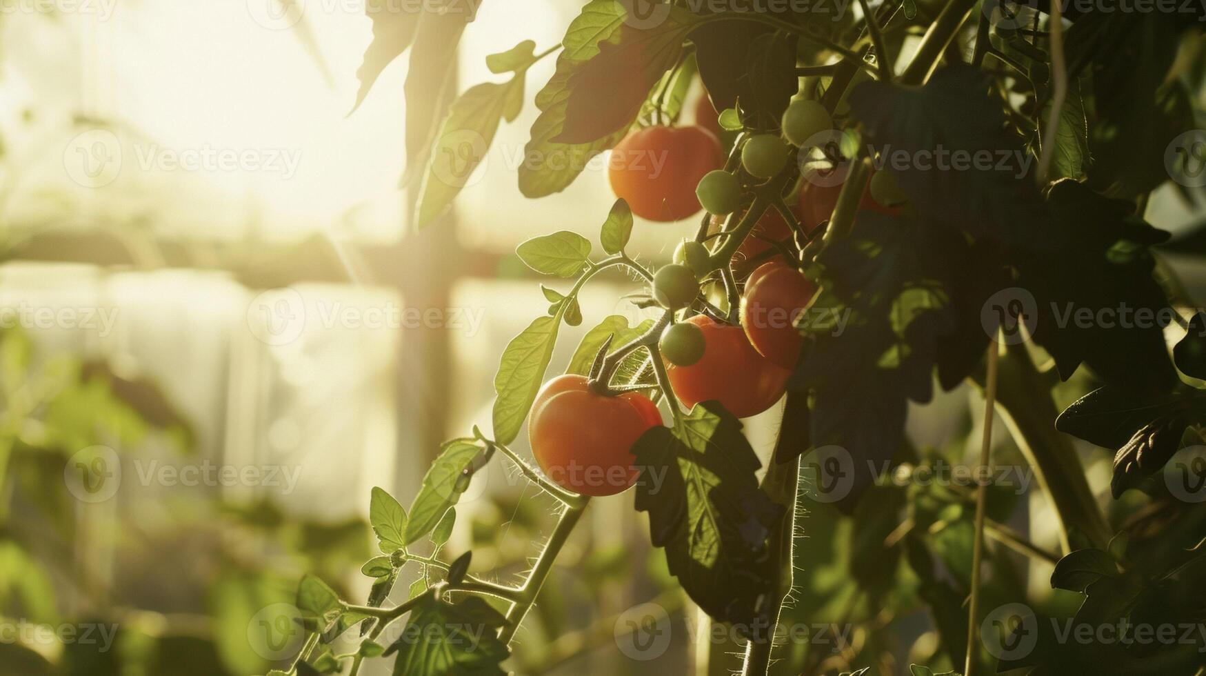 A tomato plant reaching towards the ceiling of the greenhouse its vibrant green leaves and plump red fruits illuminated by the warm sunlight filtering through the gl walls photo