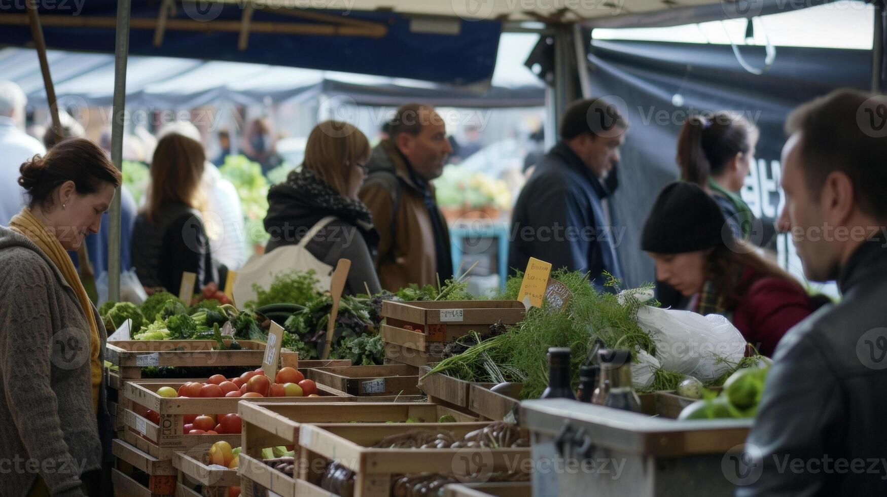A busy market stall filled with crates of fresh produce from a rooftop farm with proud farmers selling their goods and sharing their sustainable farming ods photo