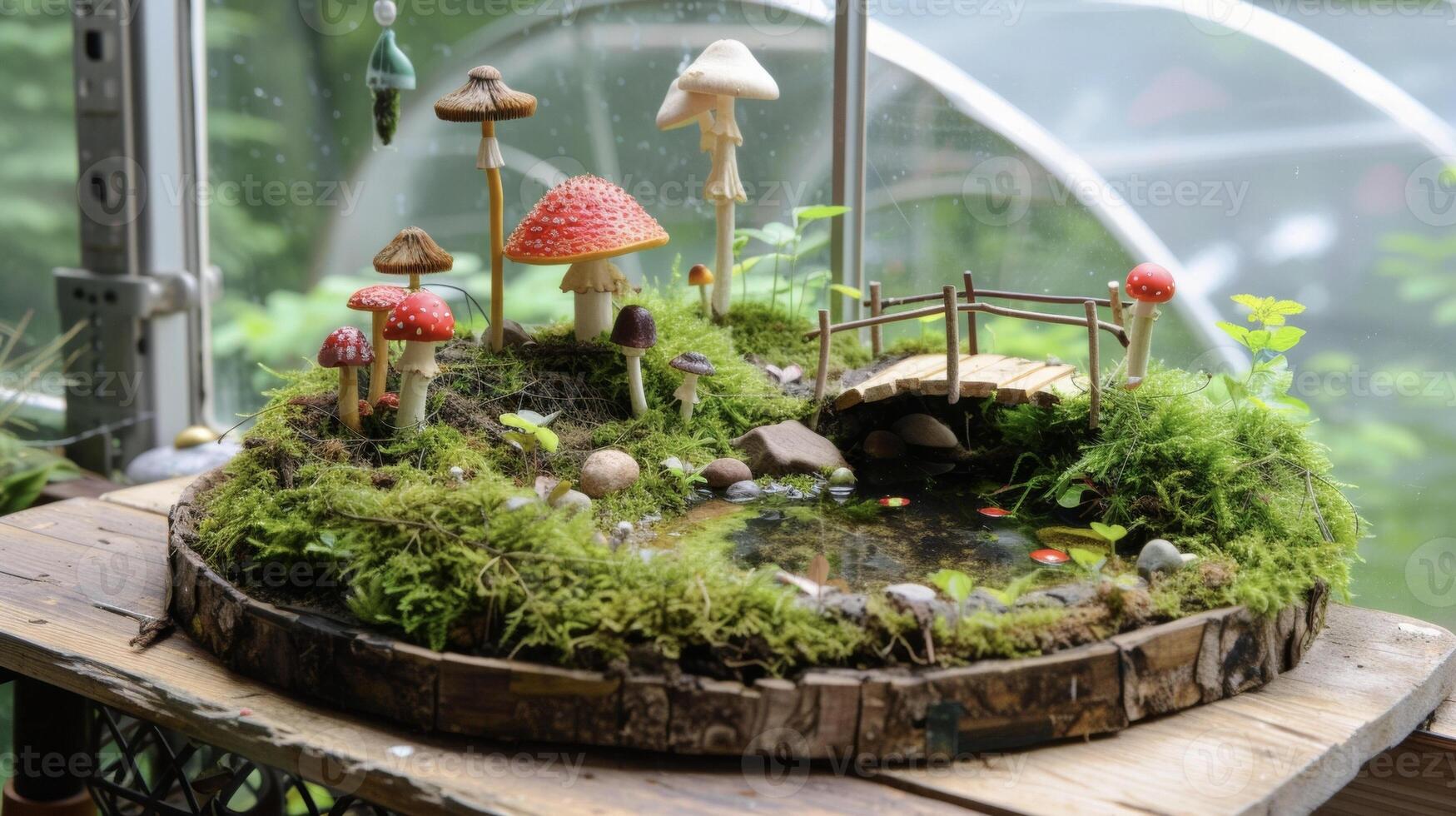 A small mosscovered fairy garden rests on a wooden shelf. Tiny mushrooms a quaint bridge and a miniature pond create a whimsical scene within the gl walls of the greenhouse photo