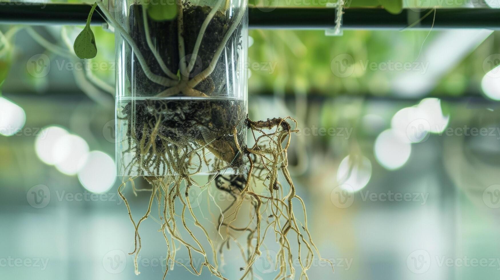 A detailed view of the complex root system of a mature hydroponic plant. The roots are thick and tangled with tiny hairlike structures branching off from the main ones. Th photo