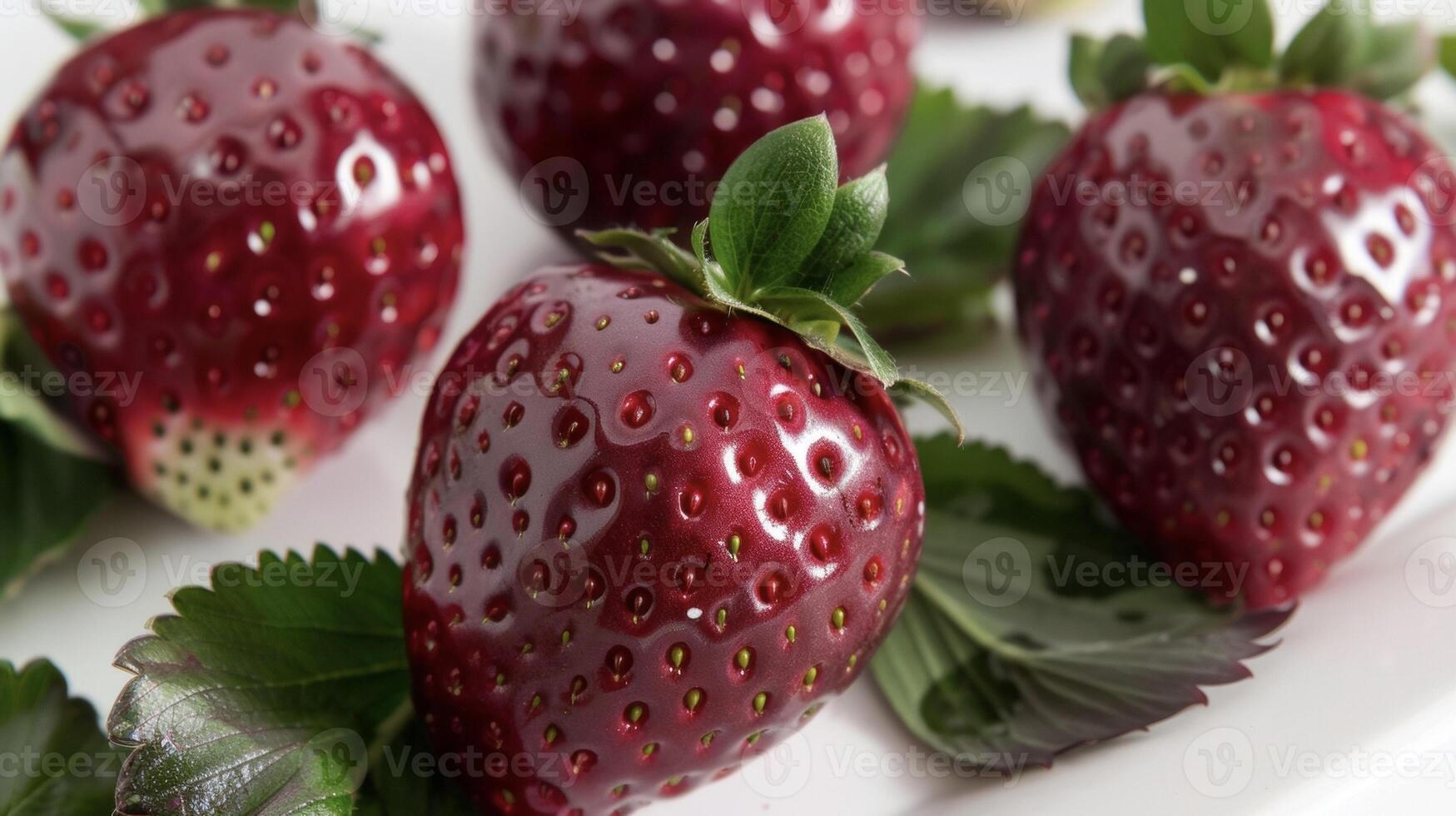 A delicate of strawberries their rich red skin dotted with tiny seeds and dark green leaves. A closer look reveals the hint of white fuzz on their surface a sign of thei photo