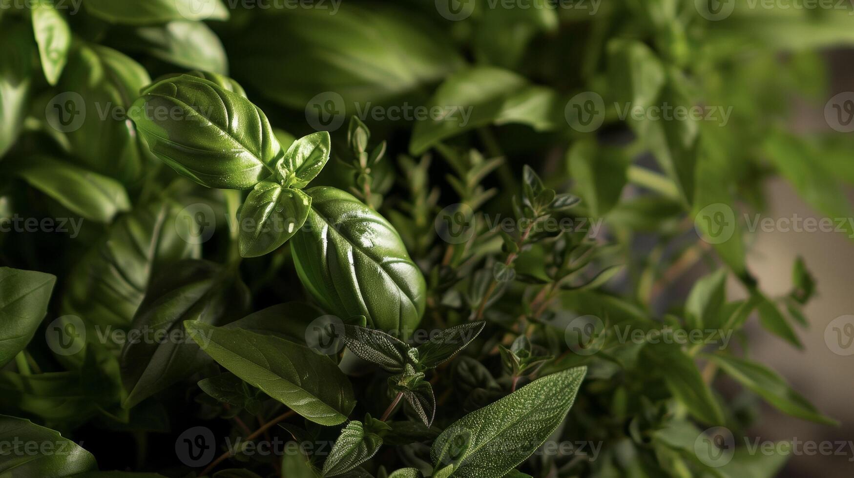 A closeup of a bundle of fragrant herbs including basil rosemary and thyme. The herbs are lush and full with deep green leaves and small s of delicate flowers photo