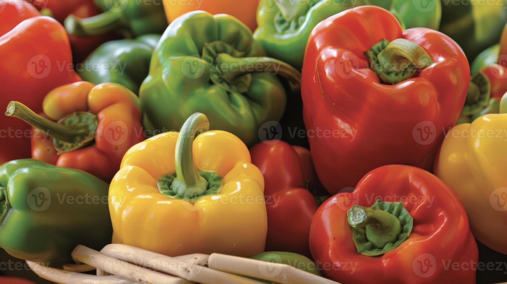 A colorful array of peppers ranging from mild green to y red all packed together in a basket. Each pepper has unique patterns and textures adding to the appeal of the backyar photo