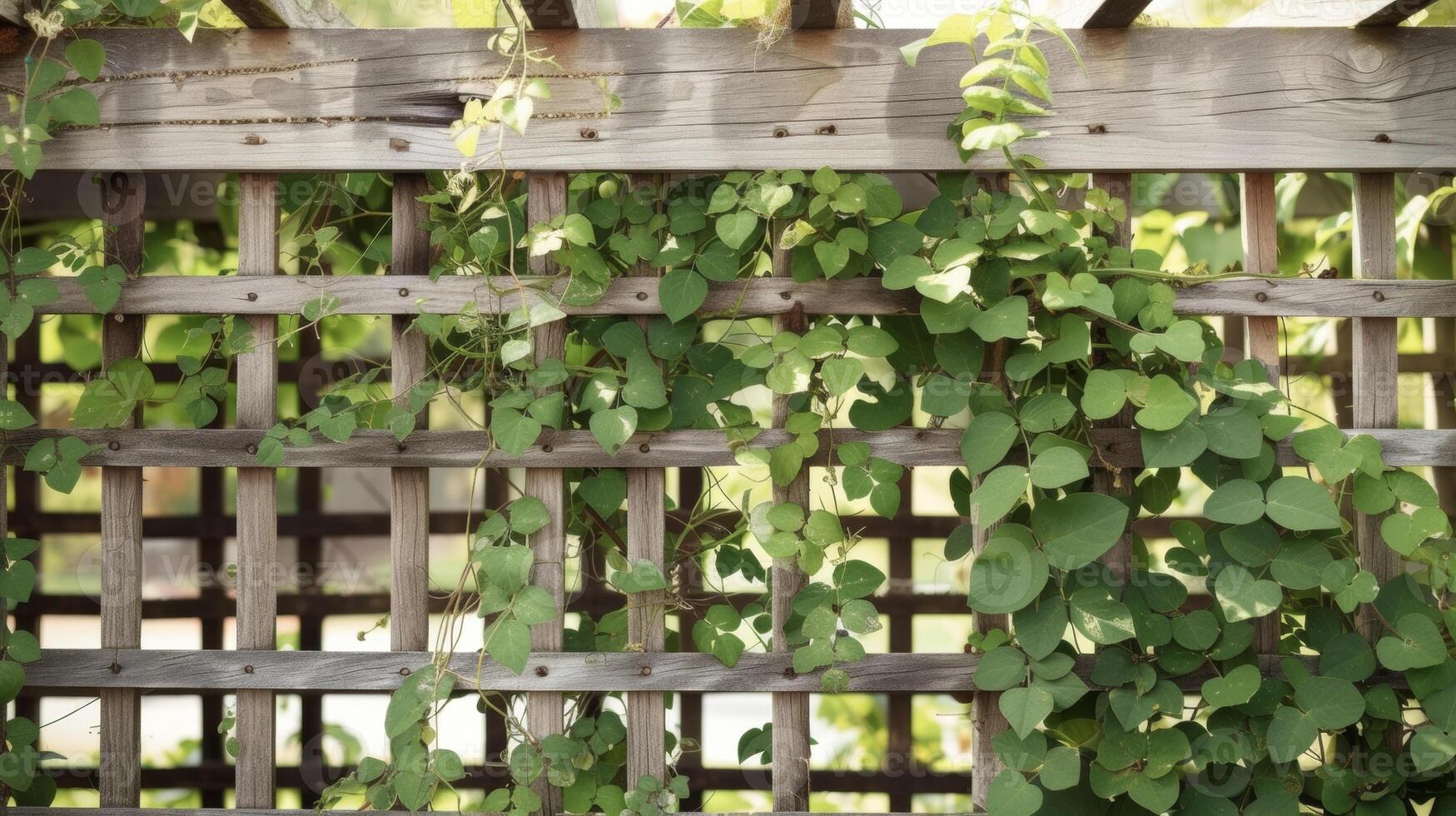 A rustic wooden trellis supports a flourishing m of climbing green beans their fuzzy vines weaving together to create a picturesque scene. These beans along with other vegetable photo