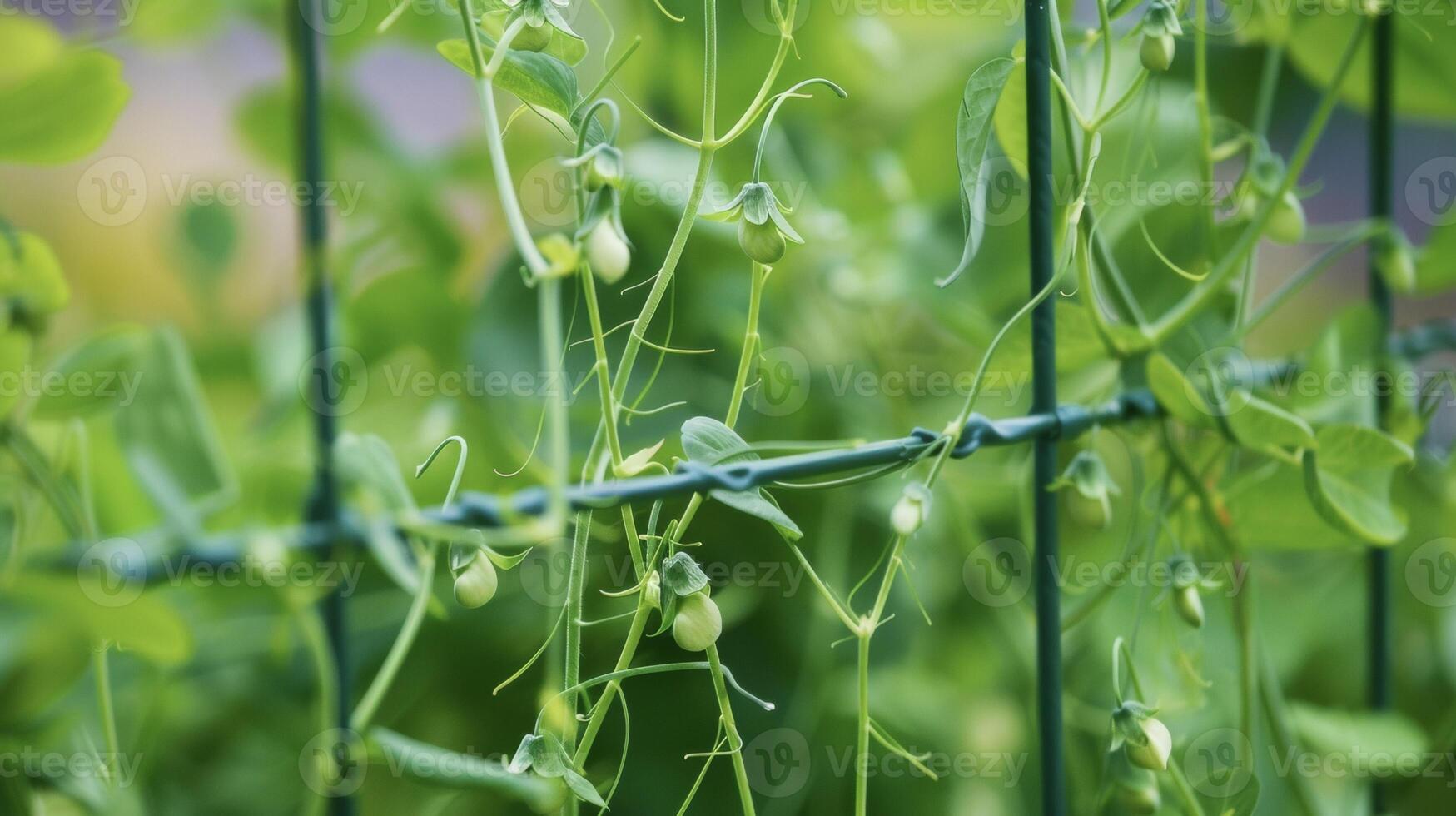 Delicate tendrils of pea plants reach out and wrap themselves around their trellis ready to burst into bloom photo