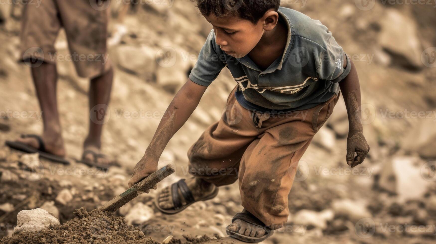 A young boy no more than 10 years old carefully follows his fathers footsteps as they both hold onto the handles of a hand plow. Though still small the boys determinatio photo