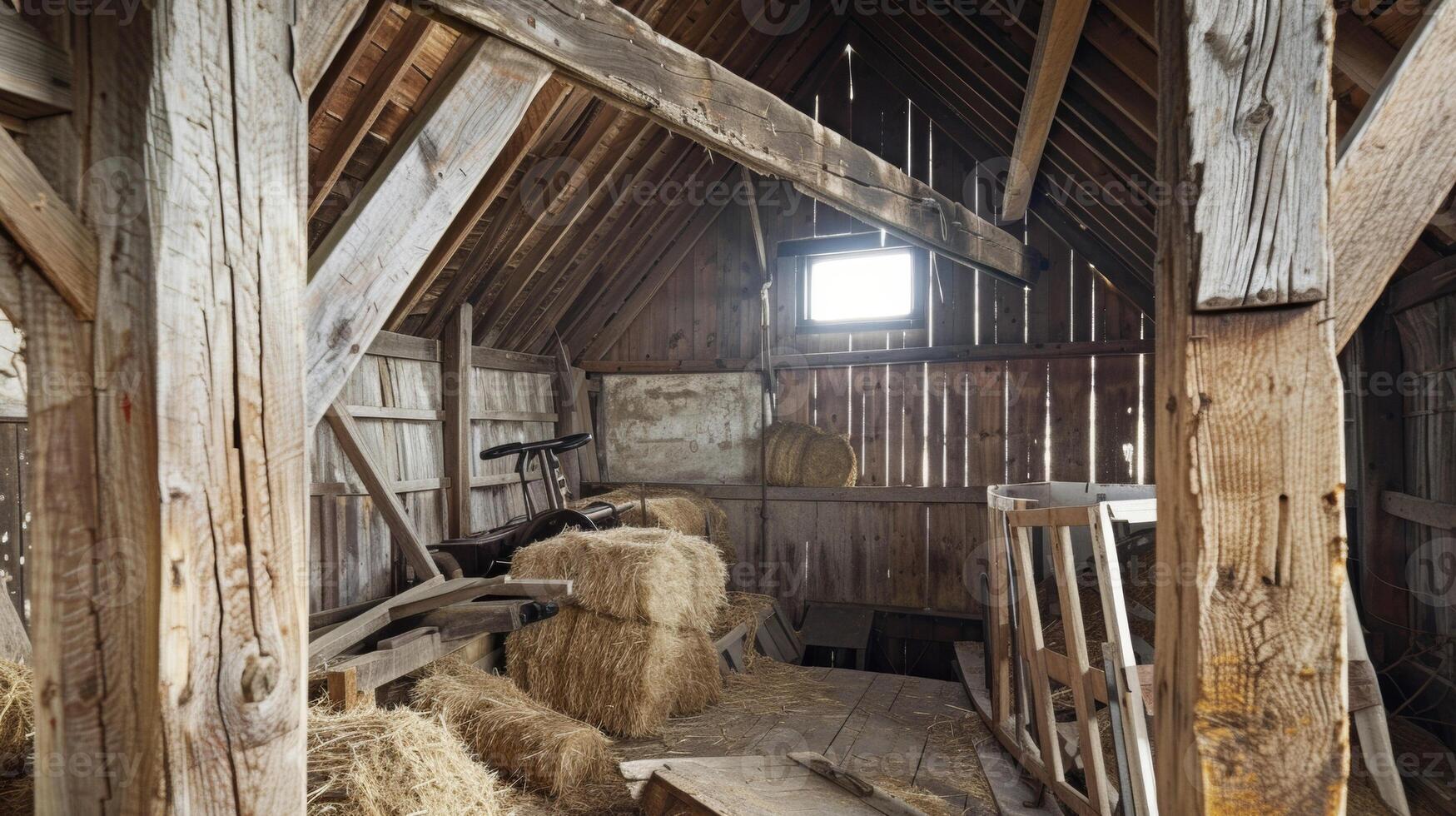 A view of a rustic barn loft with old hay bales and farming equipment stored inside. Cracks in the wooden beams reveal the ping of time photo
