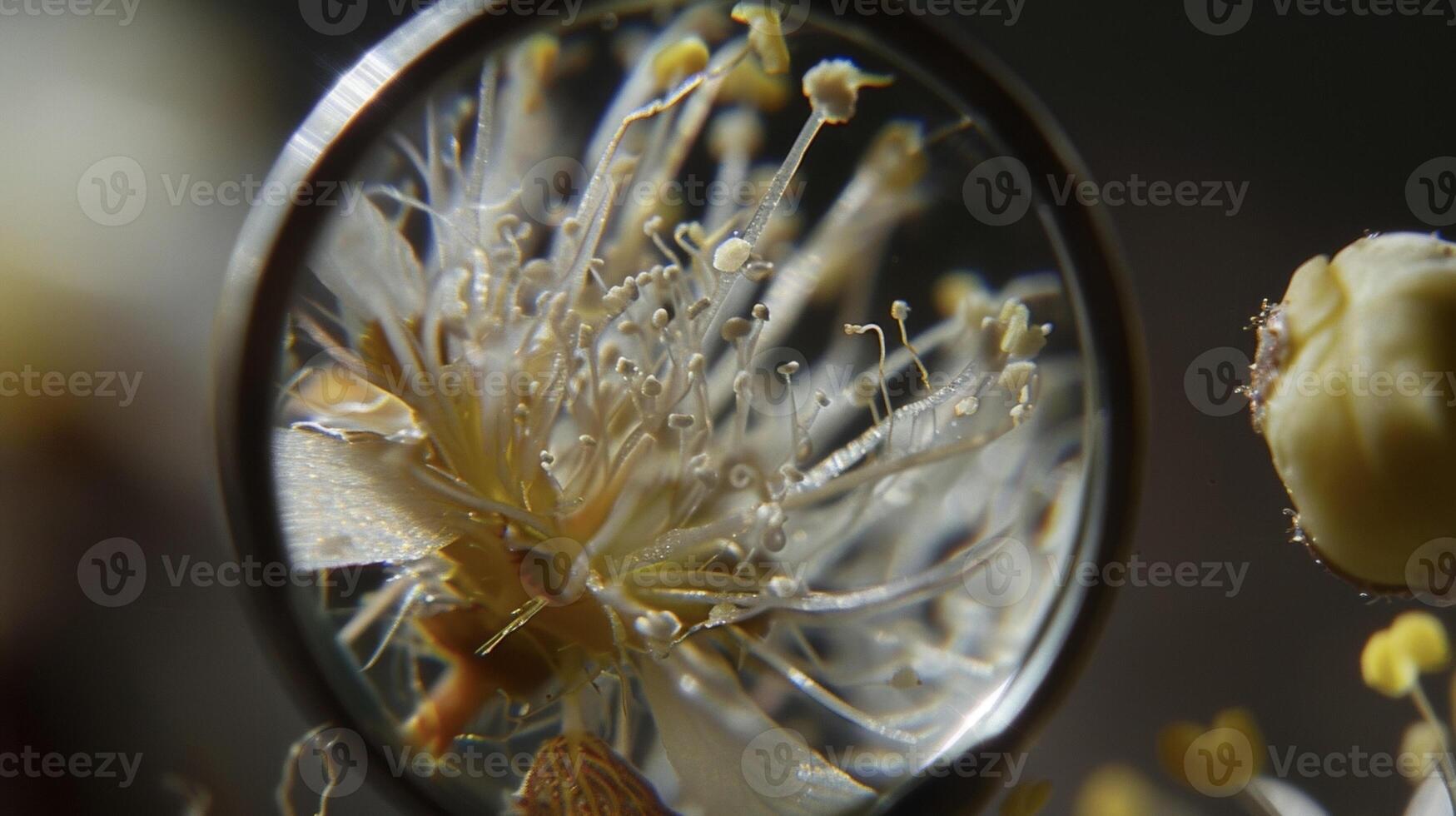 A magnifying gl revealing the intricate details of a blooming flower from the delicate s on its petals to the tiny hairs on its stems photo