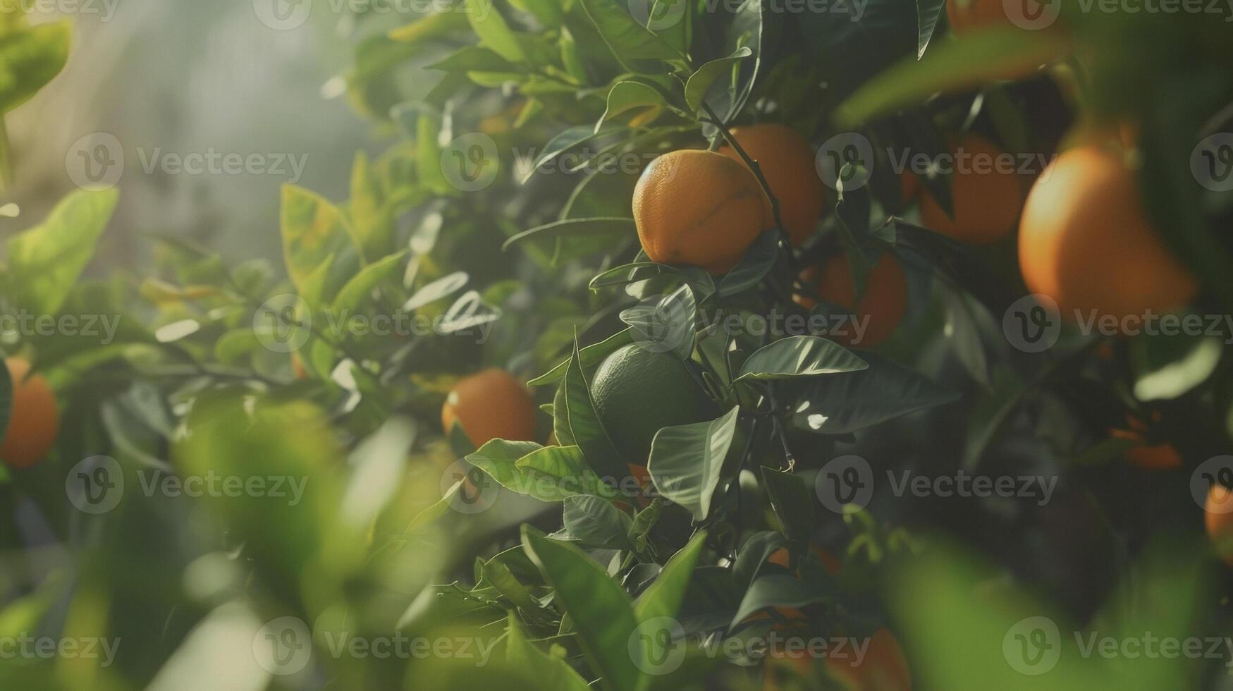 A macro shot of an orange tree with its leaves and vibrant citrus fruits in sharp focus. The smell of citrus fills the air making the perfect backdrop for a summer day photo