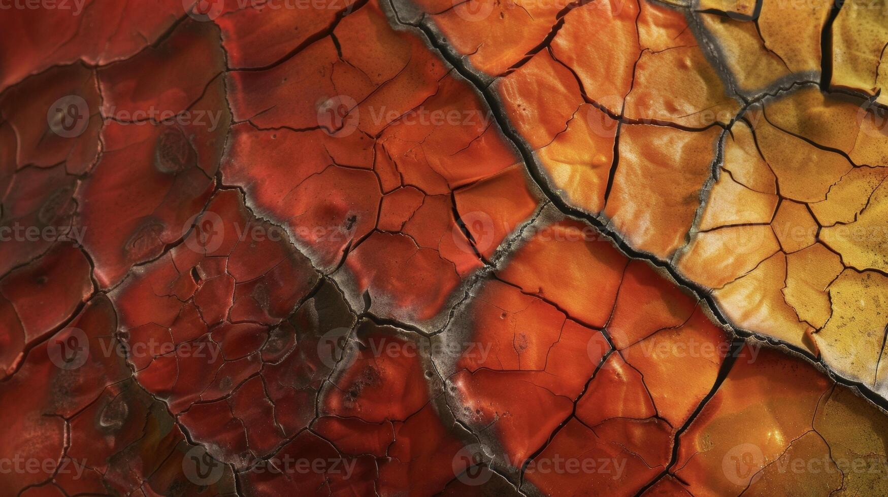 A closeup of a multicolored pepper with shades of red orange and yellow blending together in a mosaiclike pattern. The skin is slightly wrinkled giving it a rustic and organi photo