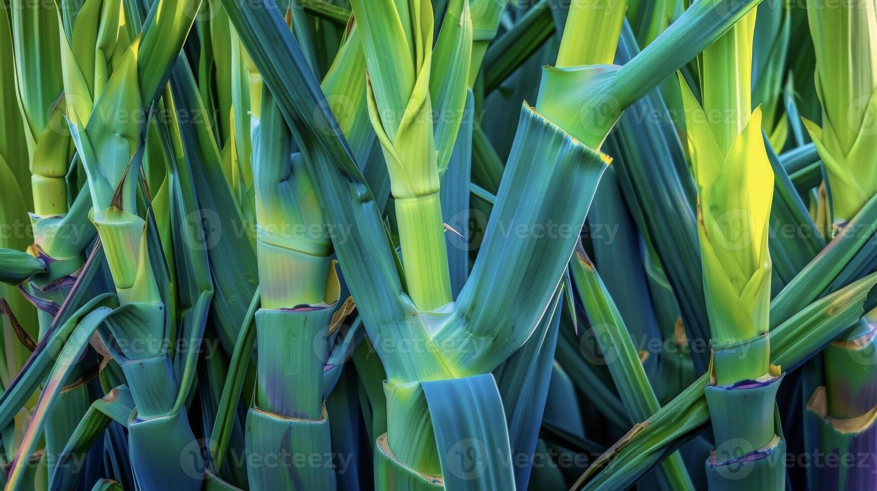 A bunch of bright green leeks stand tall intertwined in a colorful display. Their long slender stems reach towards the sky while their dark green leaves fan out in all directions photo