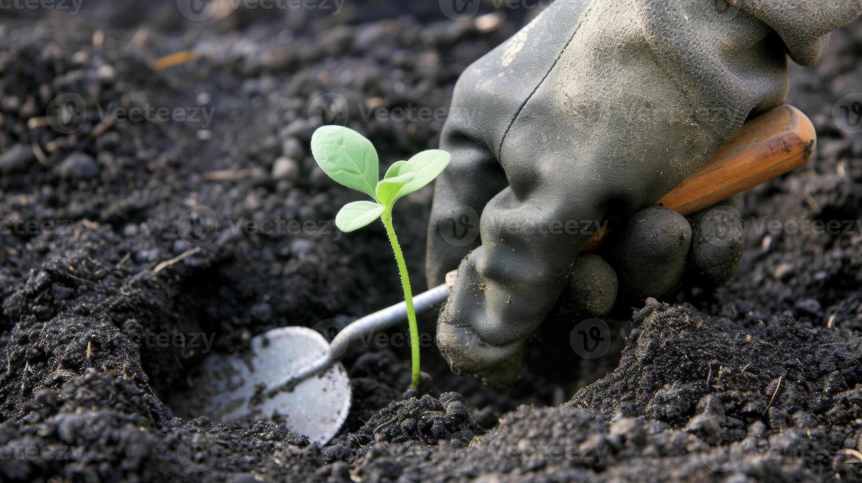 Planting A gloved hand holding a small trowel and using it to dig a small hole in the ground. Next to the hand is a small plant ready to be p into the hole and begin its journe photo