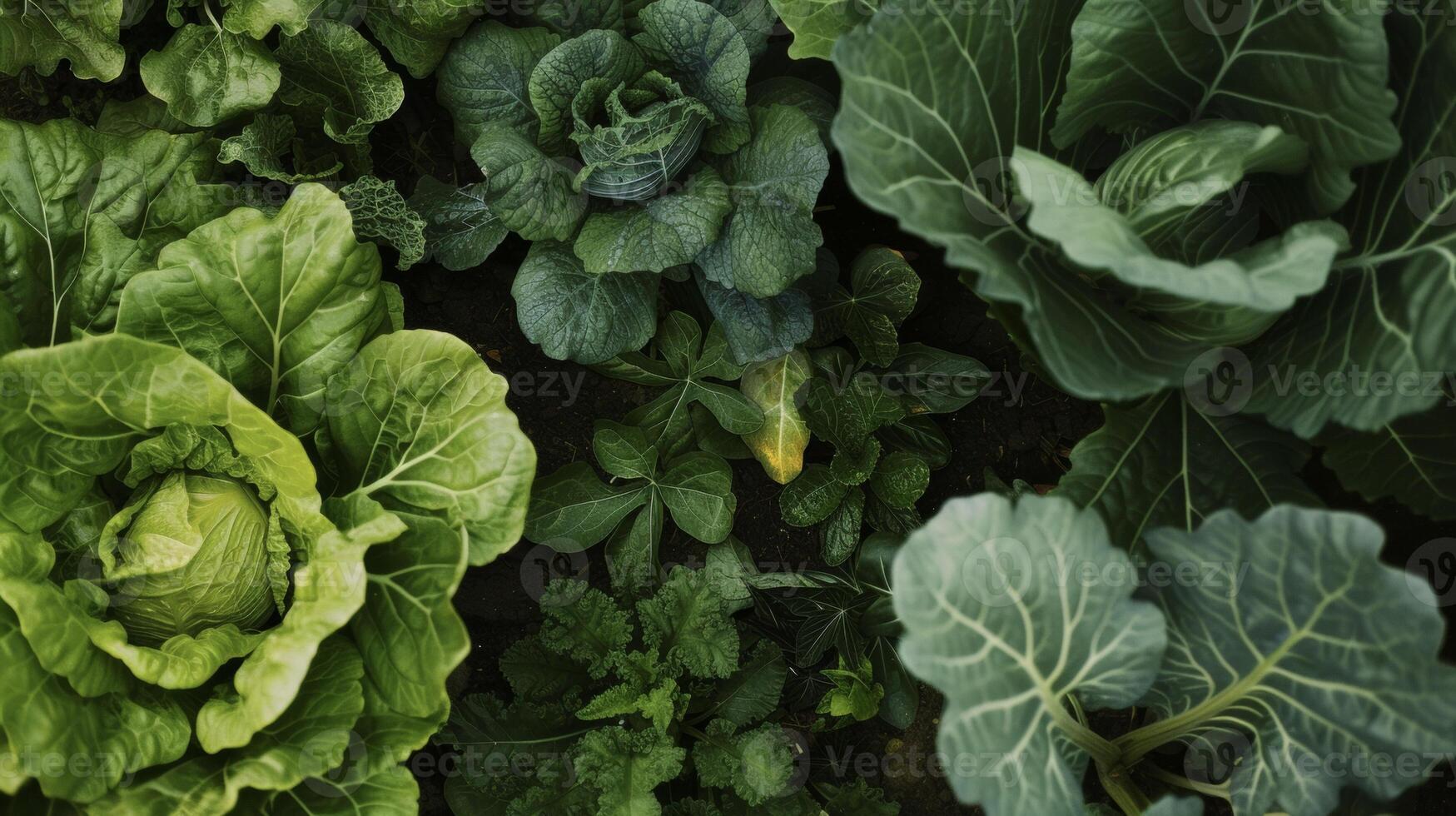 In this image a closeup of a small vegetable garden bed reveals a variety of leafy greens and vibrant vegetables emerging from the soil. The leaves are intricately patterne photo