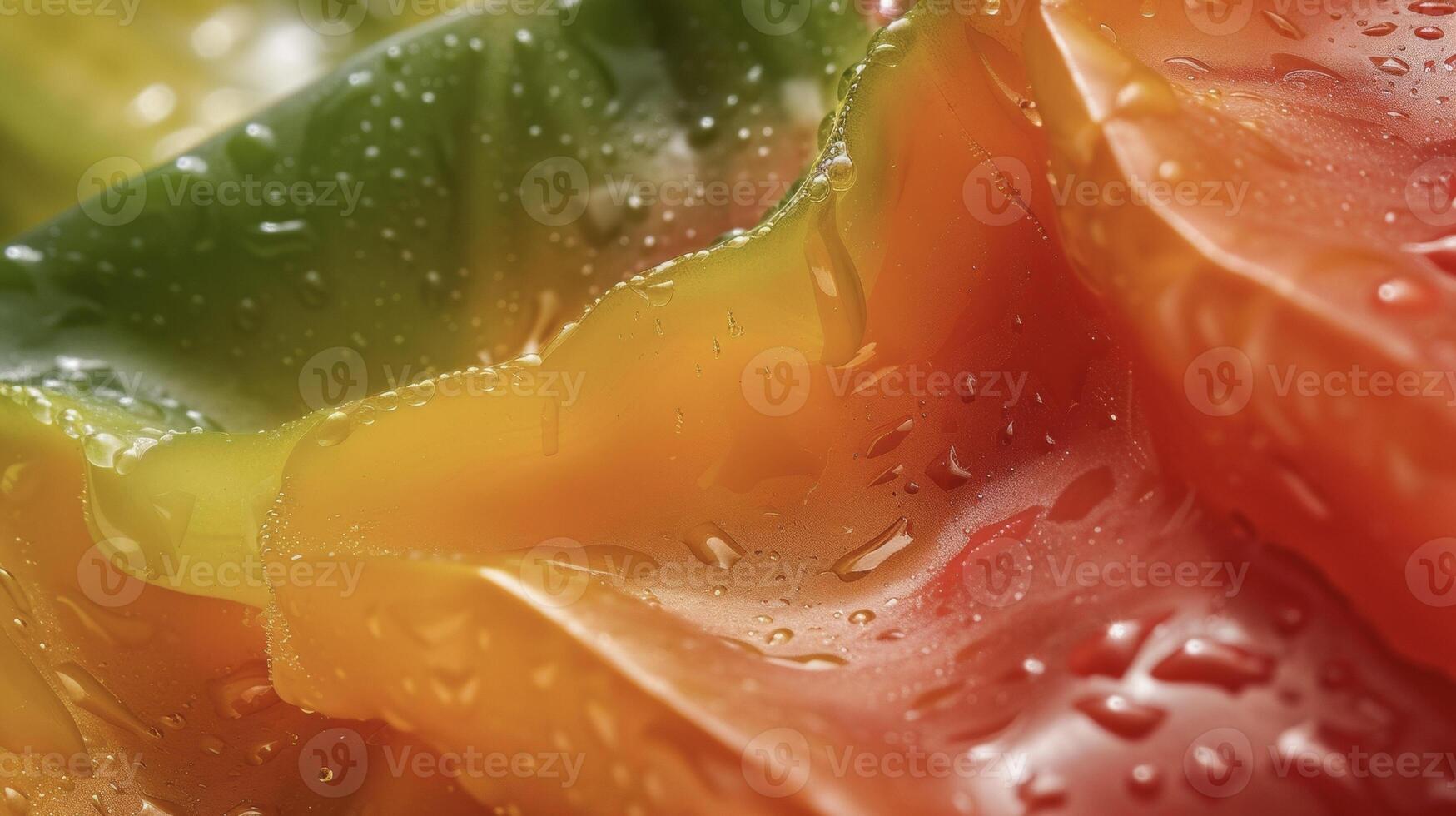 A macro shot focuses on the intricate patterns on a bell peppers skin almost resembling a maze of lines and ridges. The peppers glossy skin reflects the surrounding vibran photo