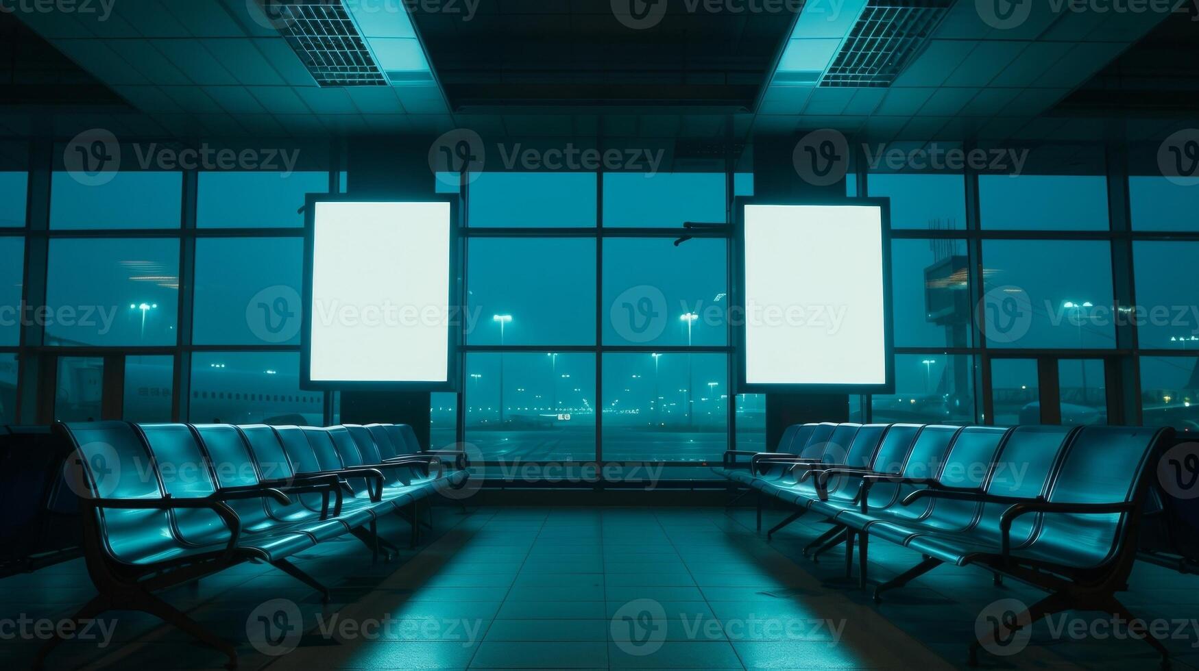 The once bustling area of the airport now appears desolate as the dimly lit billboards sit unoccupied their messages lost and forgotten in the quiet of the early morning hours photo