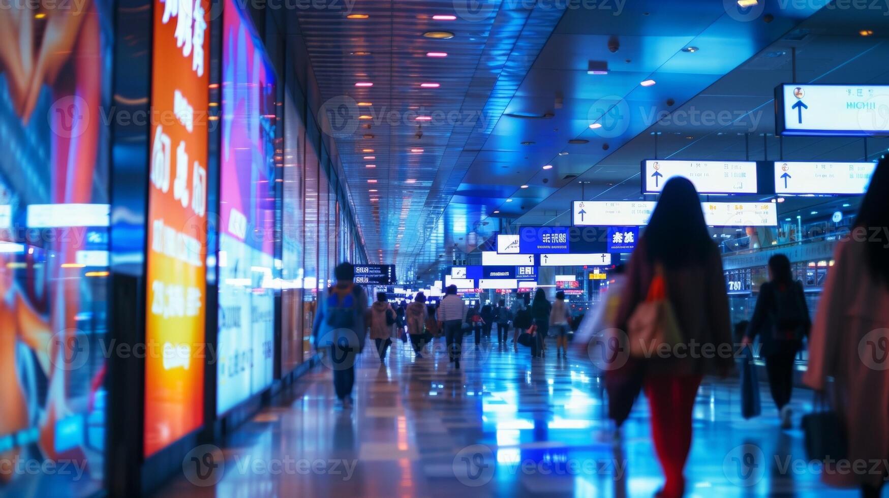 A busy walkway leading to the departure gates lined with billboards highlighting various airlines and their competitive fares photo