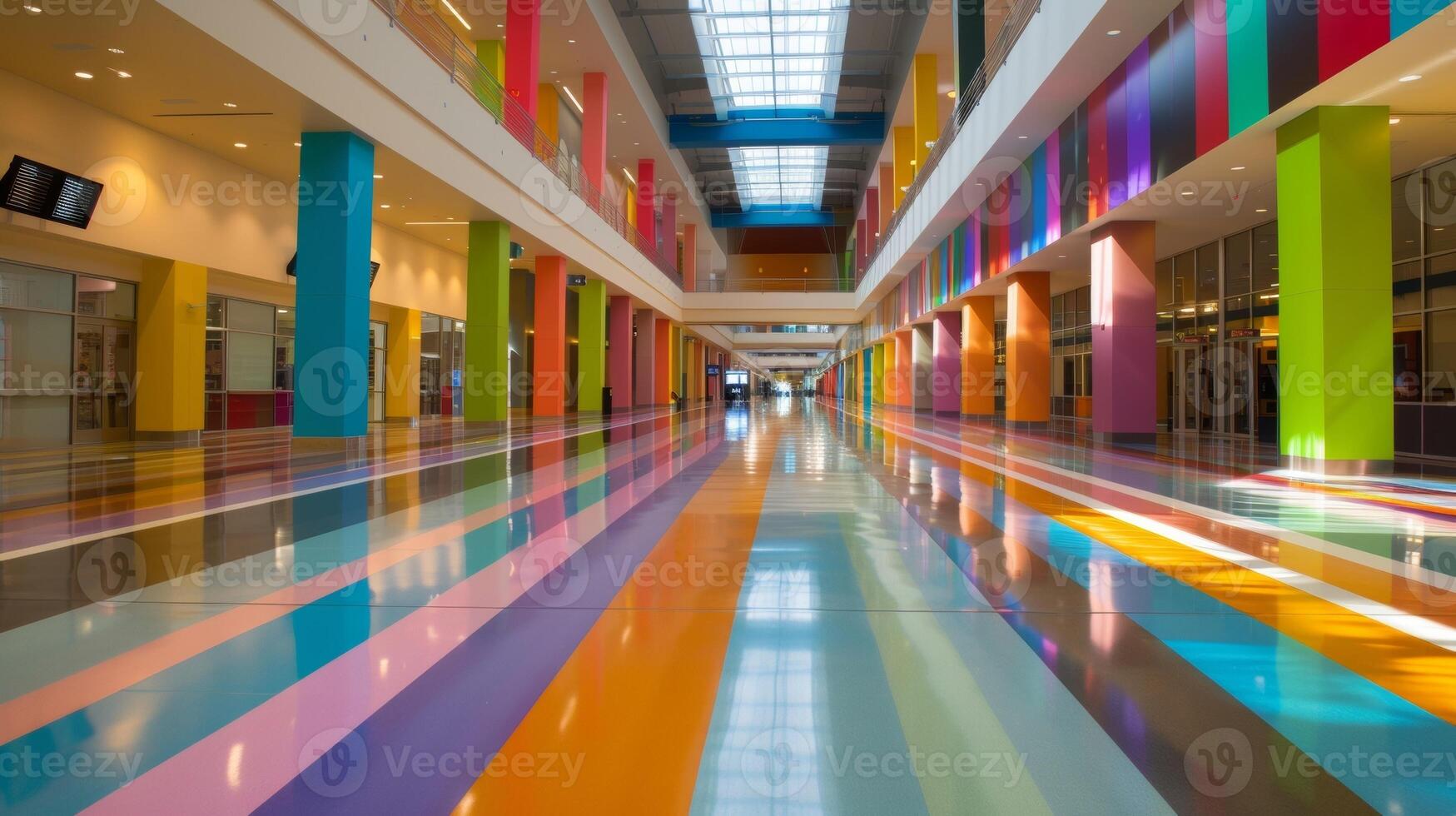 A closer look at the airport interior reveals a burst of colors and patterns creating a lively and inviting space. The blank billboards tered throughout add a touch of myster photo