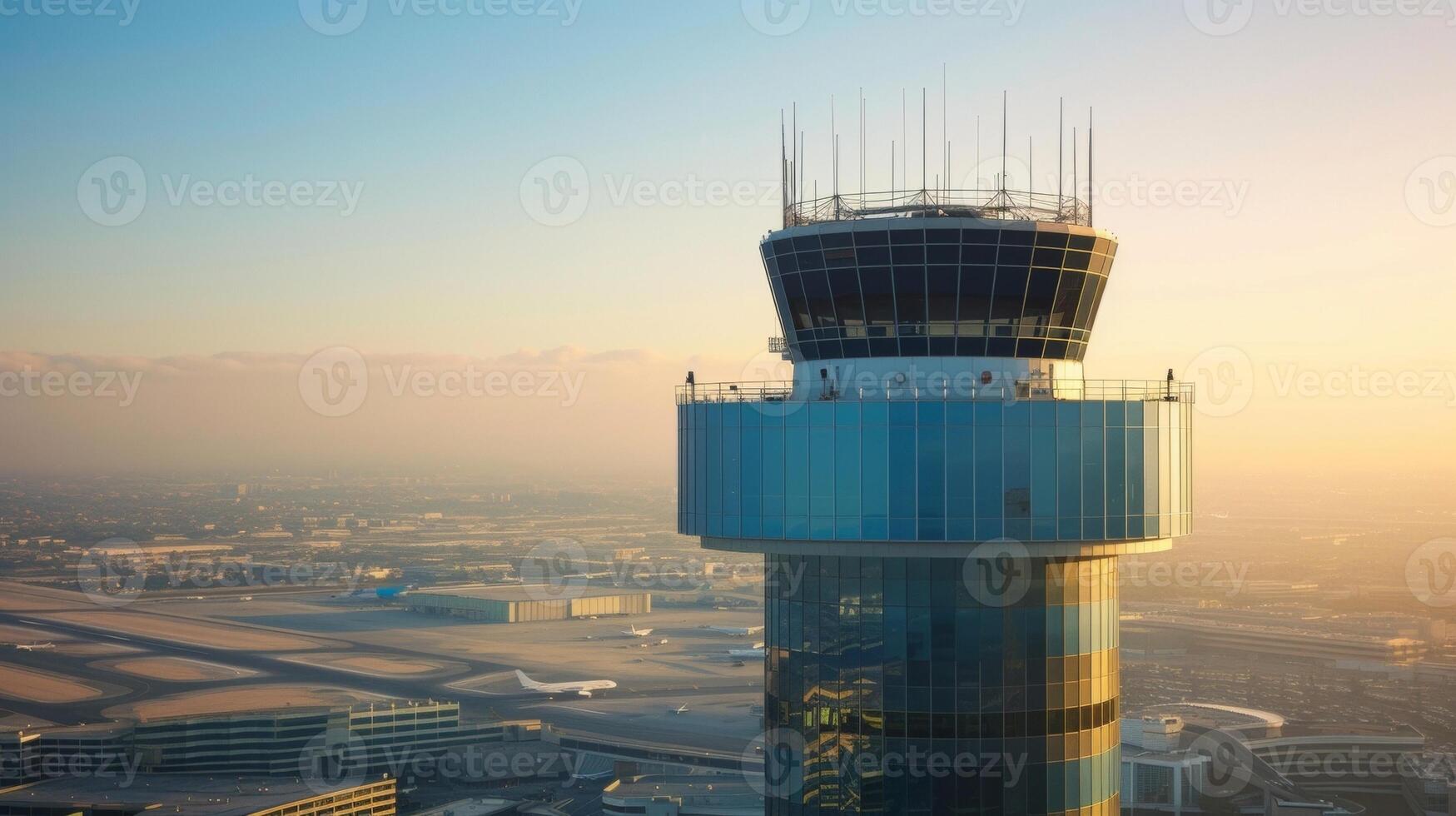 A modern control tower rises above the surrounding buildings its glass panels shimmering in the sunlight. From this vantage point air traffic controllers have a birdseye vie photo