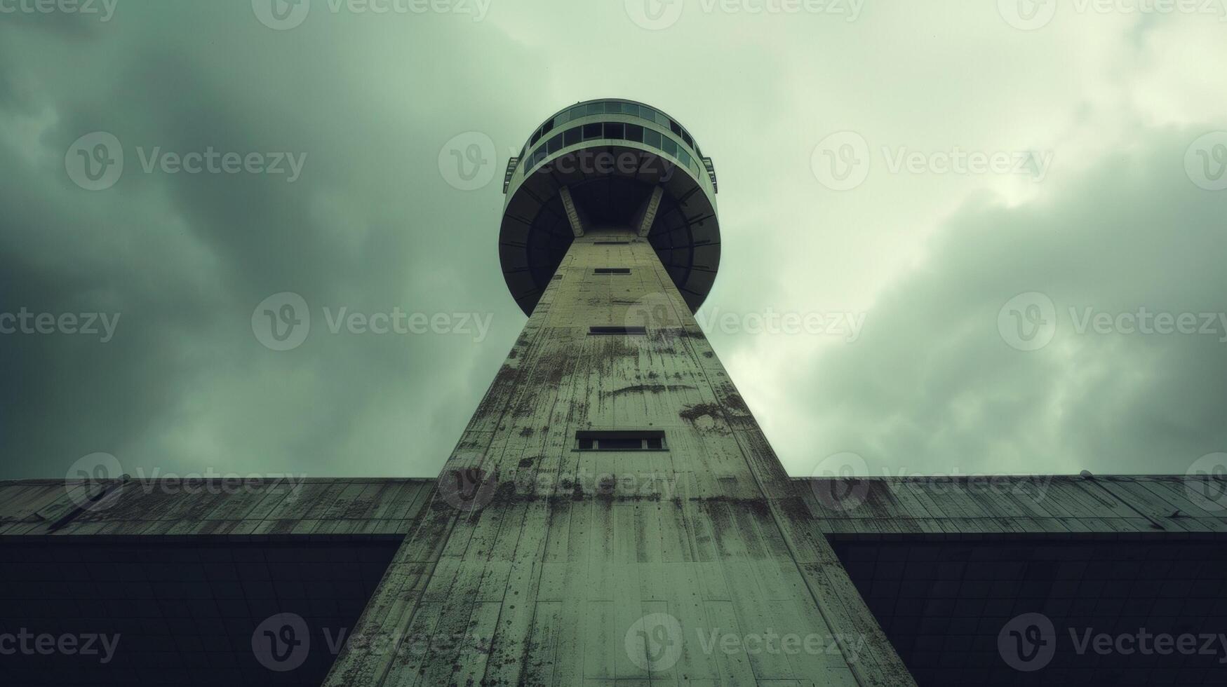 Amidst the sea of concrete and steel a towering control tower stands out with its futuristic design. The top floor seems to float above the rest giving controllers an unobstructe photo